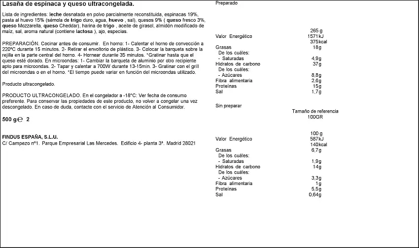 Lasaña La Cocinera espinacas y queso 500g