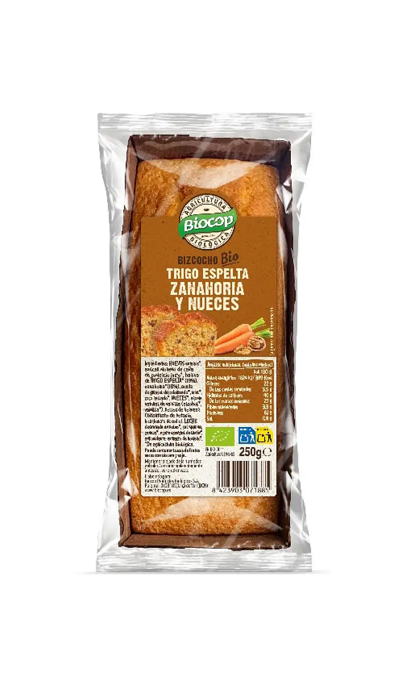 Bizcocho de espelta con zanahoria y nueces 250g Biocop | ecológico