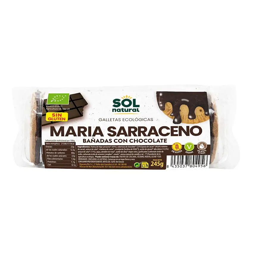 Galletas sin gluten María de sarraceno bañadas con chocolate 245g Sol Natural | ecológicas