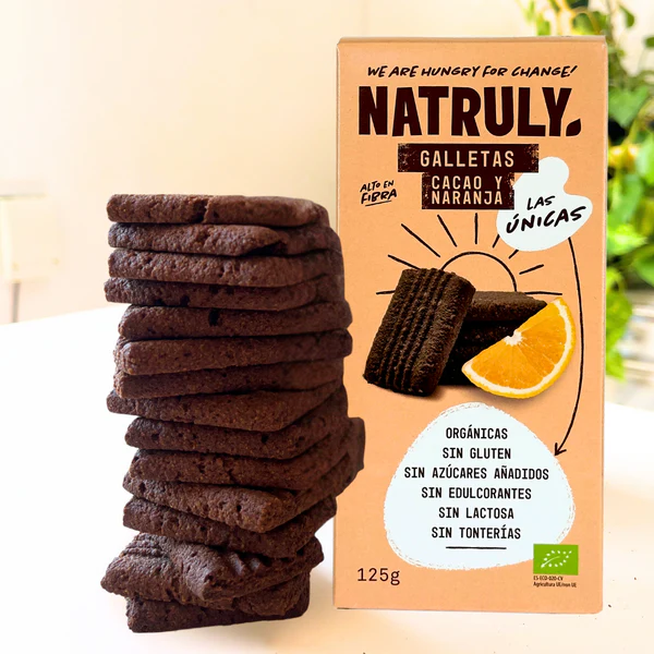 Galletas ecológicas de cacao y naranja sin gluten   Natruly 125 g | Sin azúcar añadido y sin lactosa