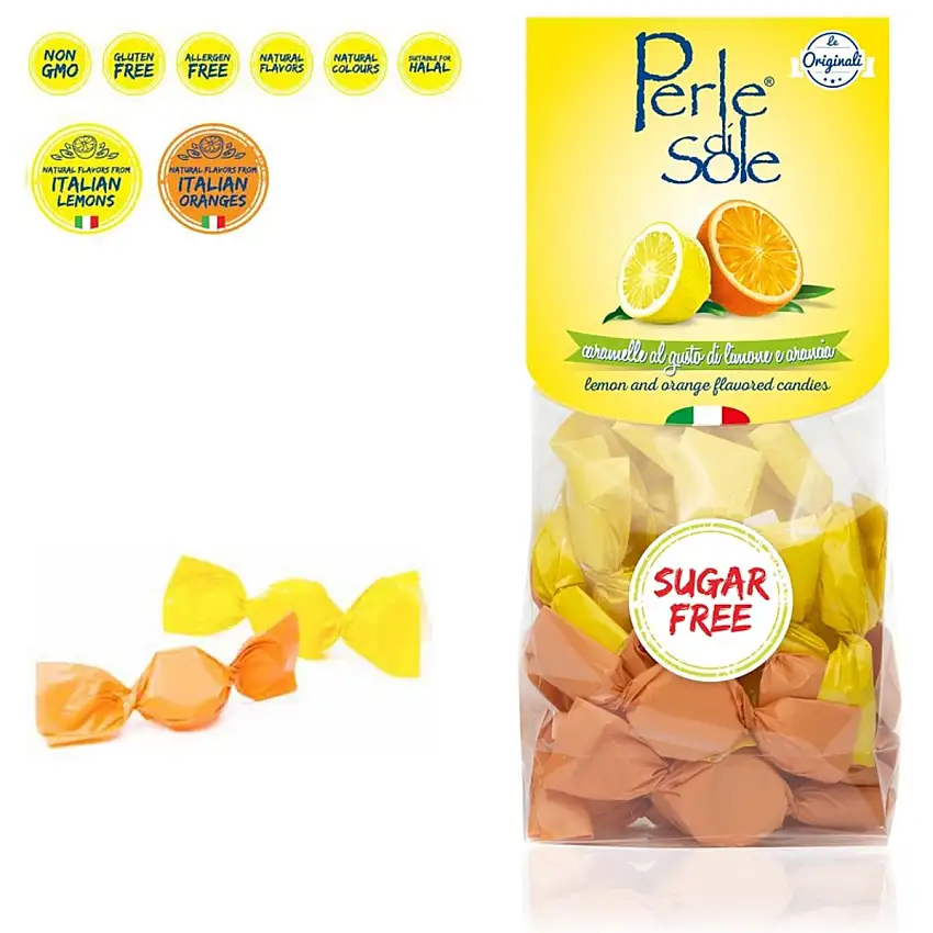 Perle di Sole Caramelos sabor Limón y Naranja sin azúcar 100 Gr.