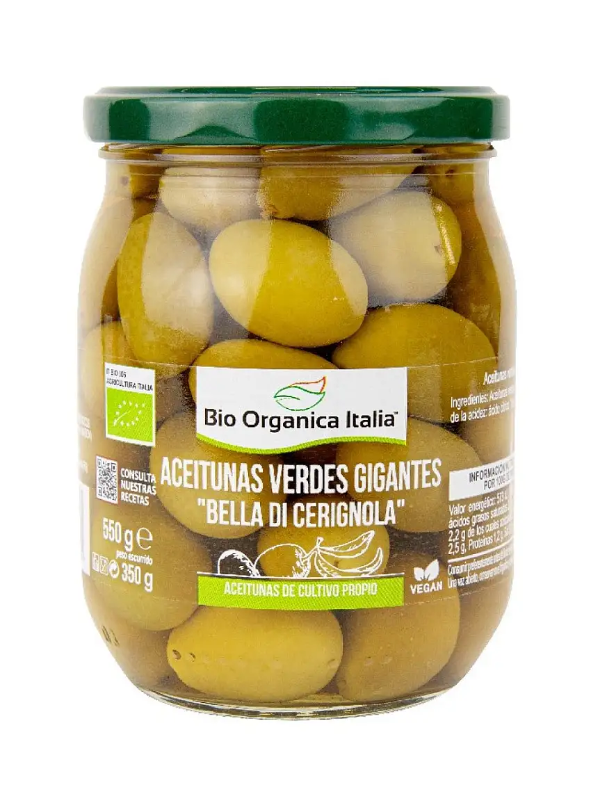Aceitunas verdes gigantes Bella Di Cerignola Bio Organica Italia 550g | Demeter | ecológico