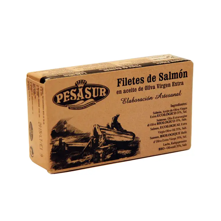 Filetes de salmón en aceite de oliva ecológico lata 120g Pesasur