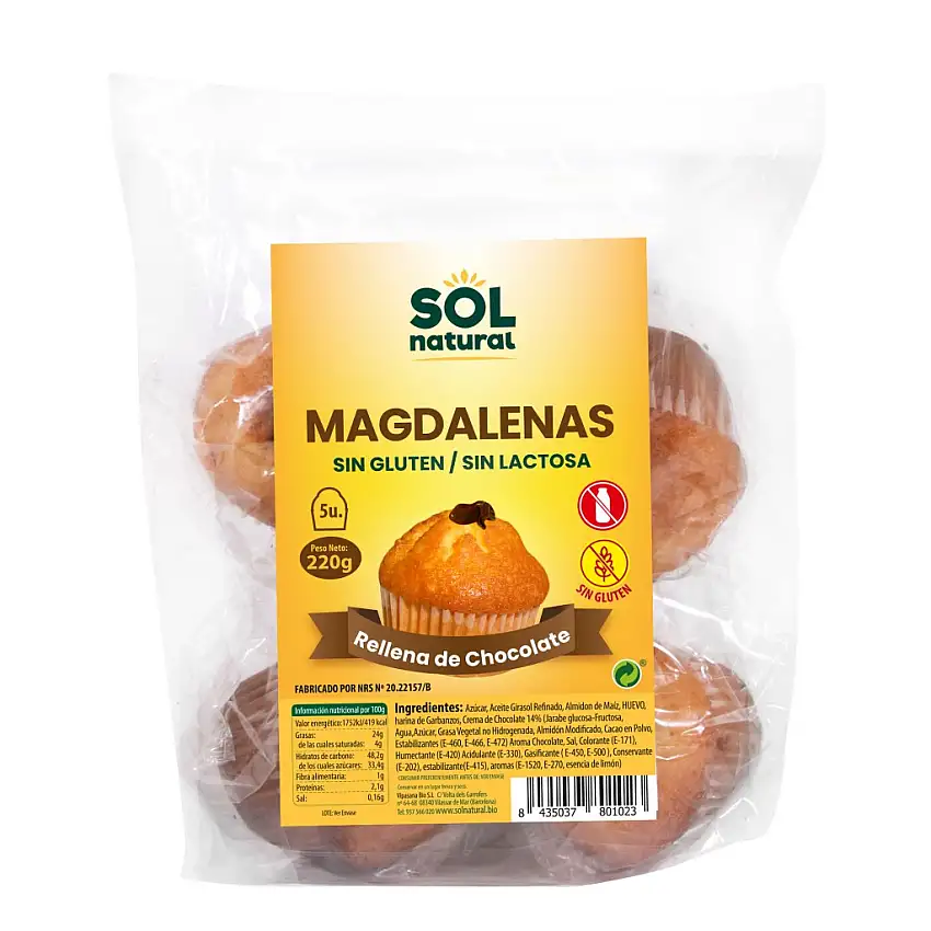 Magdalenas de Chocolate Sin Gluten y Sin Lactosa Sol Natural 220g   Rellenas y Esponjosas