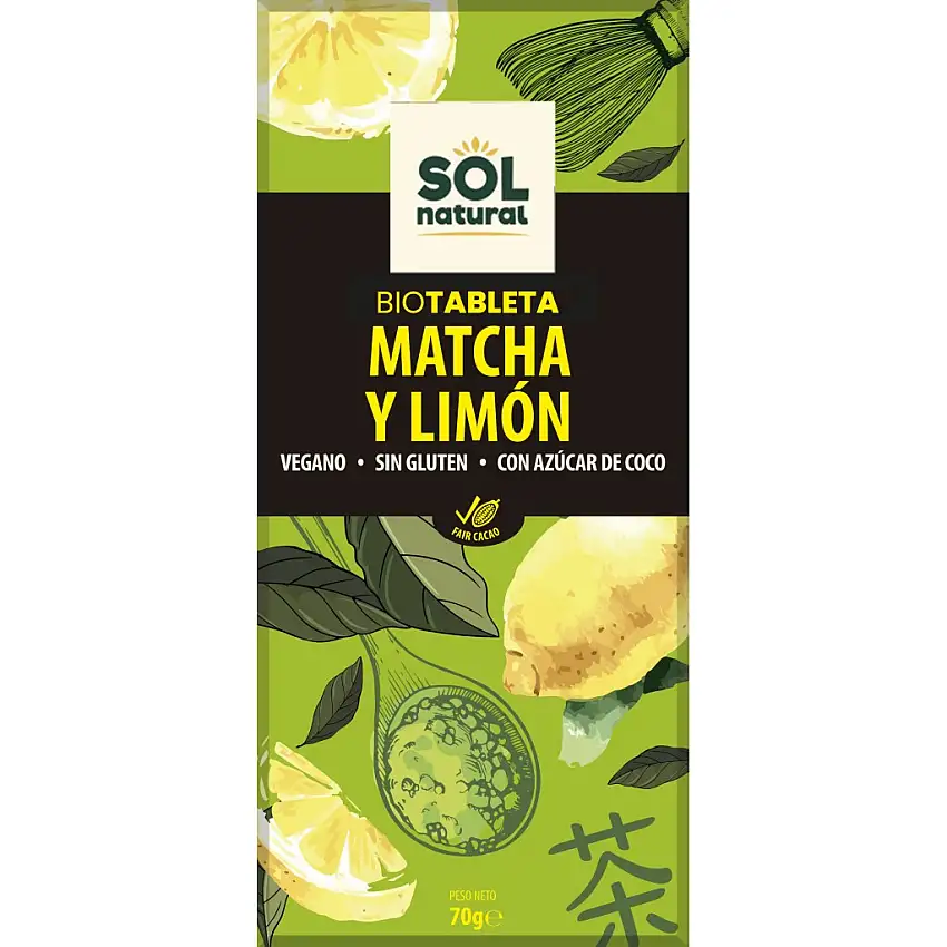 Tableta de Chocolate Ecológica con Matcha y Limón Sol Natural 70g   Vegana y Sin Gluten