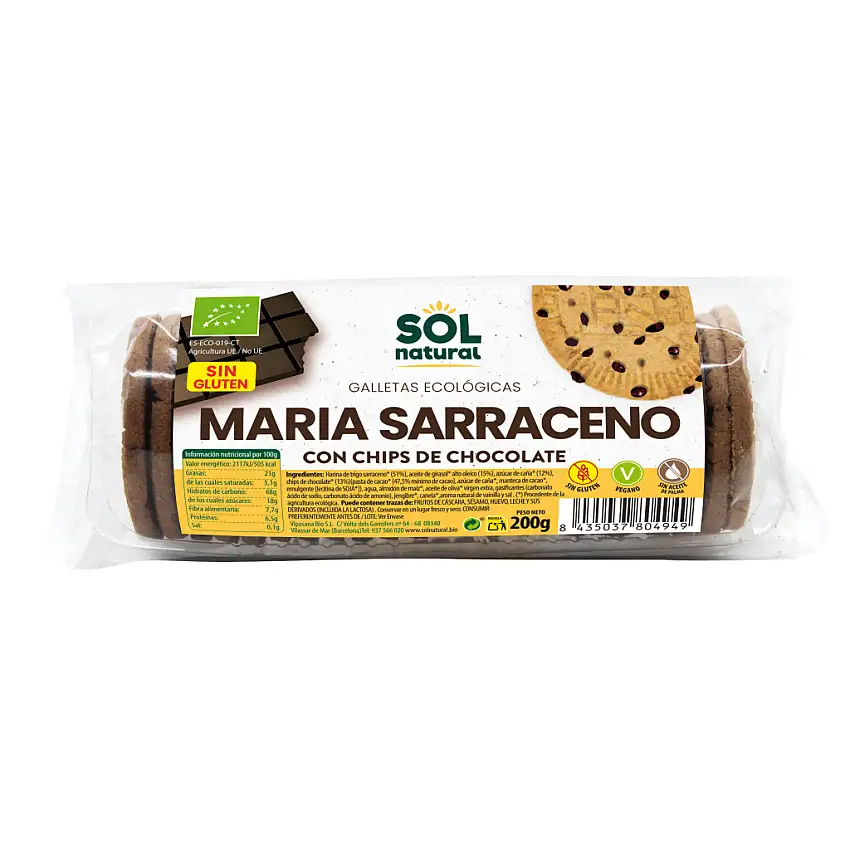 Galletas sin gluten María de sarraceno con chips de choco 200g Sol natural | ecológicas