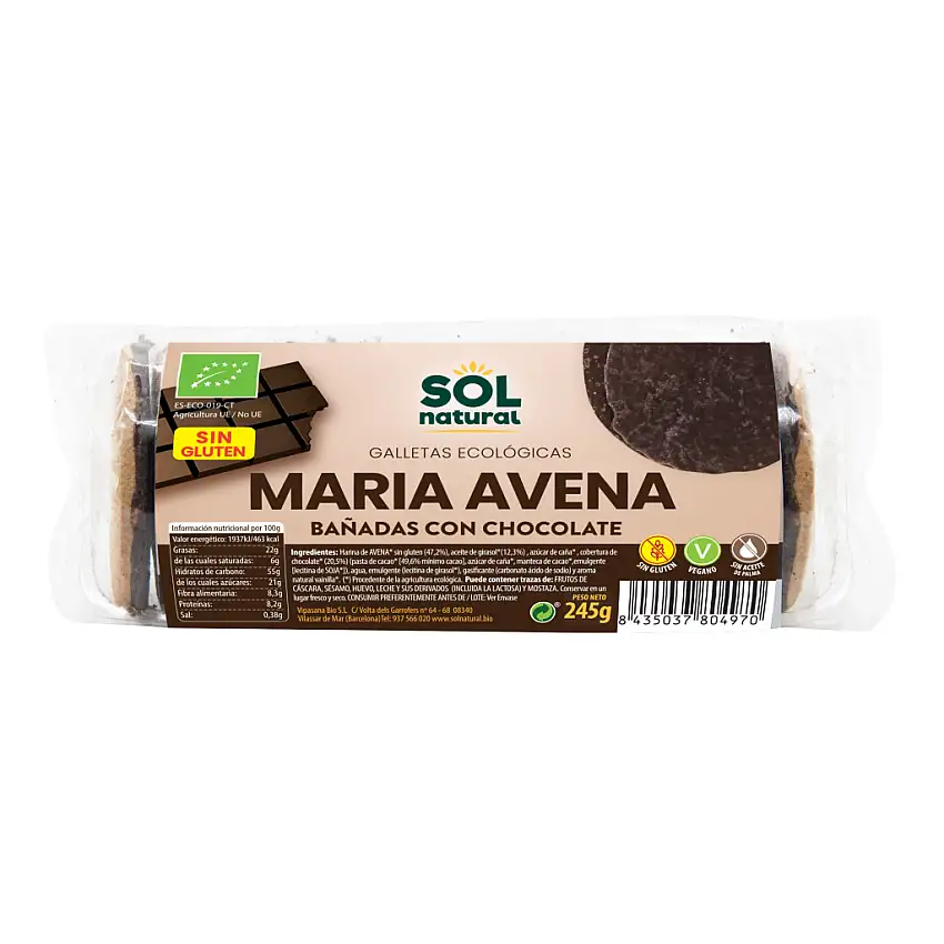 Galletas maría sin gluten bañadas con chocolate Sol Natural 245g | Ecológico