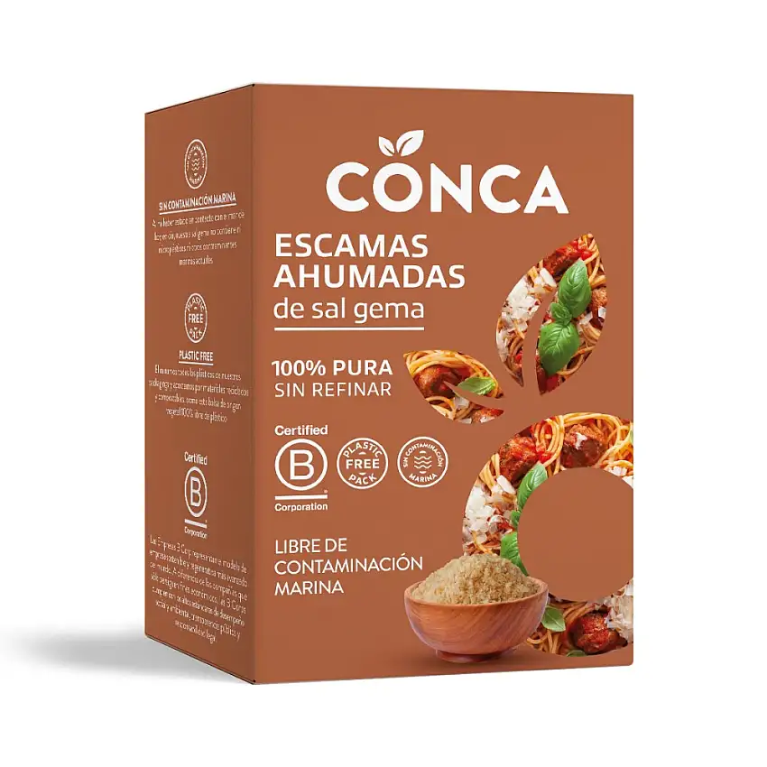Sal gema ahumada en escamas Conca 125g libre de contaminación marina